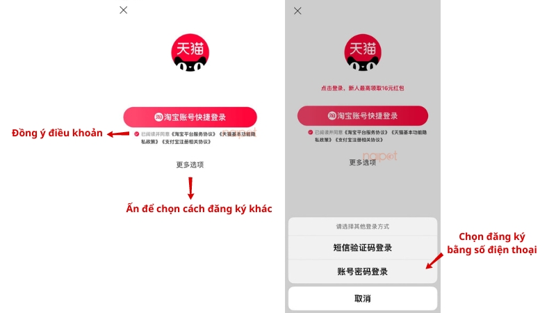 Đồng ý điều khoản và chọn phương thức đăng ký